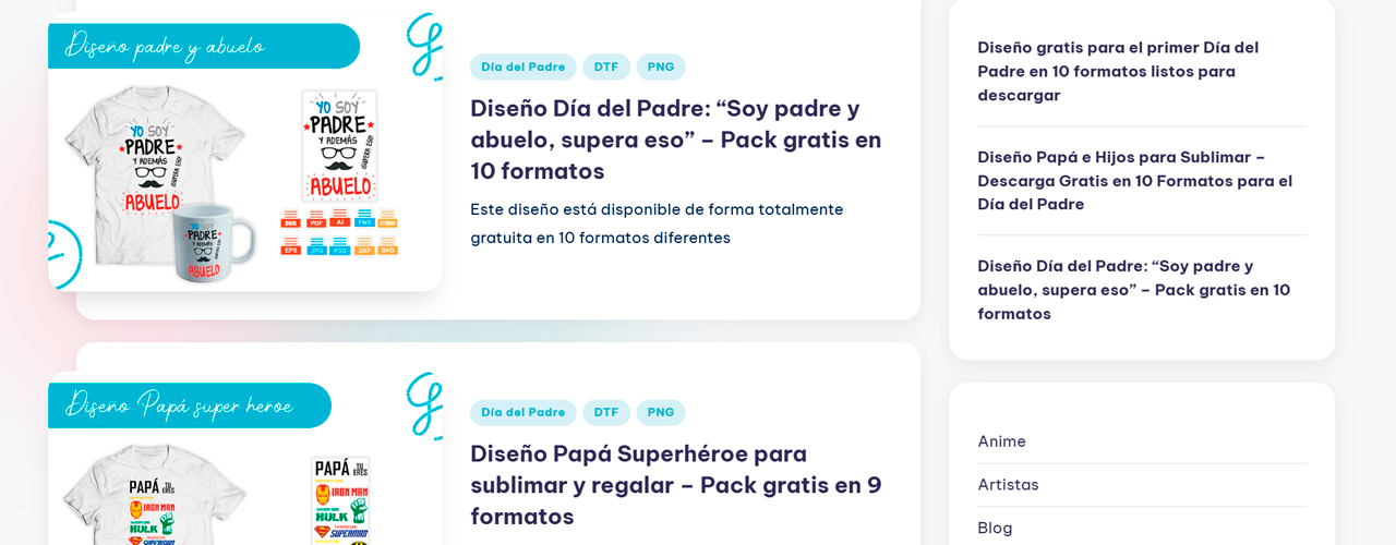 Captura de pantalla de artículos destacados en disenosgratis.com que ofrecen diseños DTF gratuitos de calidad para emprendedores del sector de impresión personalizada.