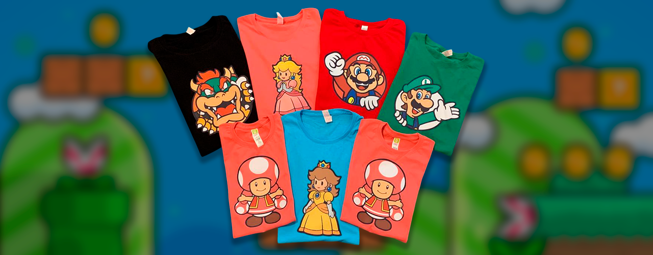 Playeras personalizadas con diseños de Mario Bros en PNG, ideales para sublimación, DTF o fiestas de cumpleaños infantiles.