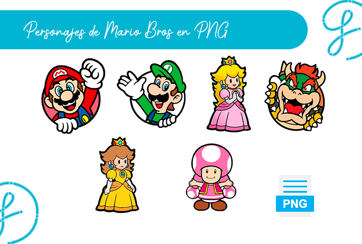 Pack de personajes de Mario Bros en PNG con fondo transparente para sublimación y DTF, ideal para playeras personalizadas.