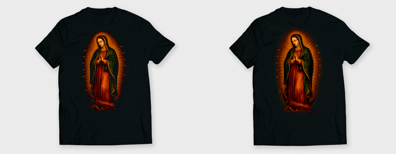 Mockup de playera negra con Virgen de Guadalupe en semitonos para impresión DTF.