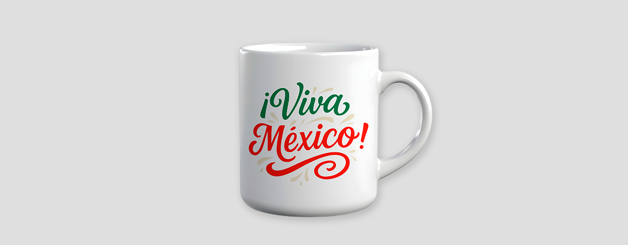 Mockup de taza con lettering “Viva México”, perfecto para impresión personalizada.
