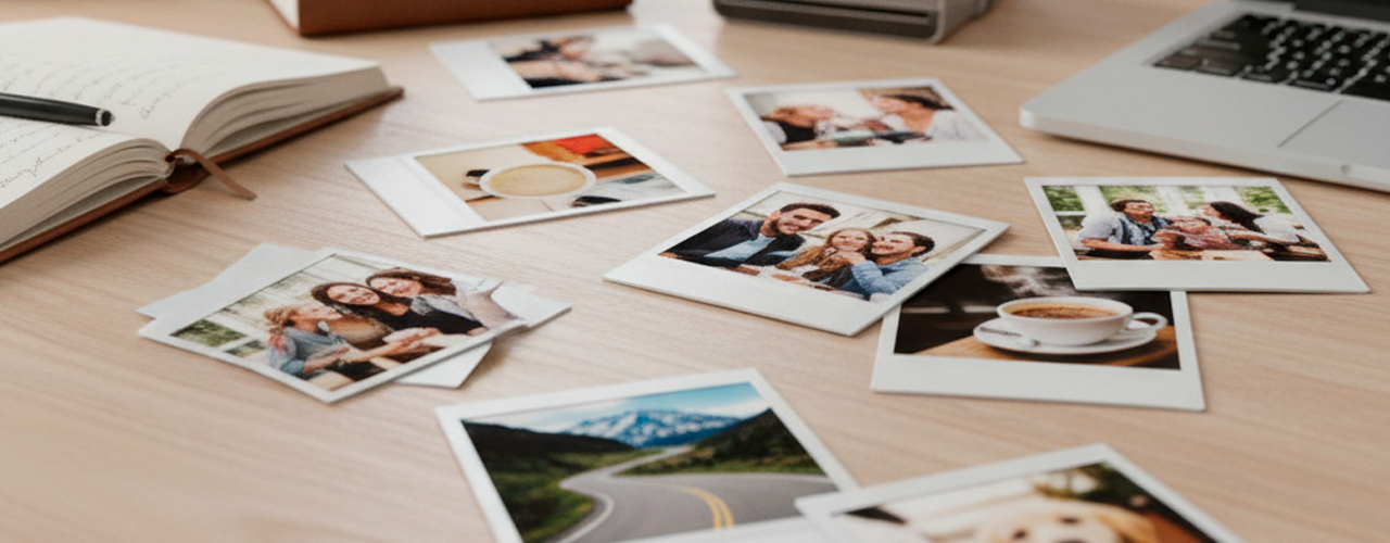 Mockup de foto instantánea PNG estilo polaroid sobre escritorio creativo.