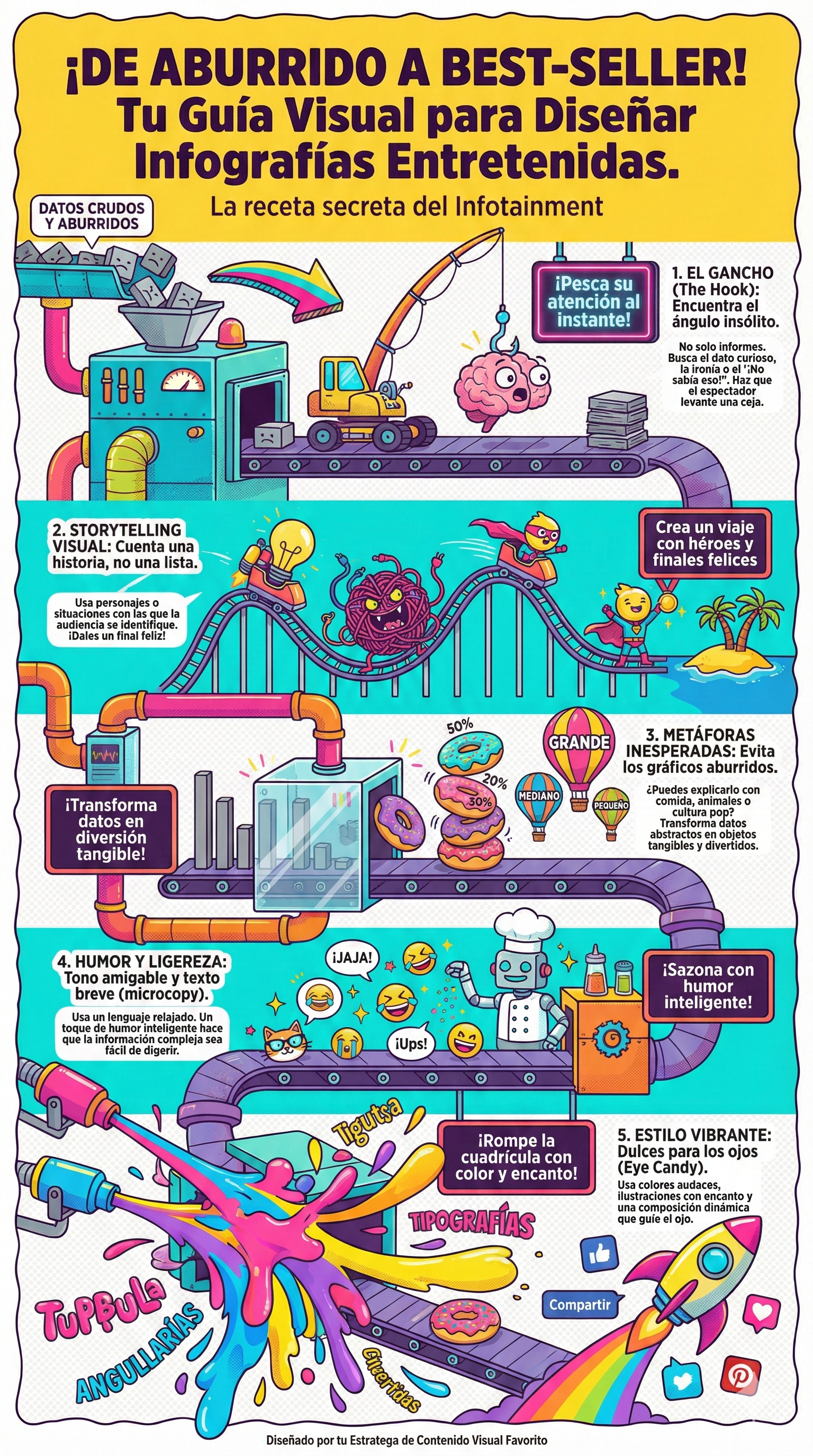 ¿Cómo diseño una infografía entretenida?", mostrando un proceso creativo de 5 pasos con colores vibrantes y personajes amigables