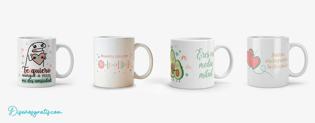 Collage con los 4 diseños más populares del pack para sublimar tazas de Amor y Amistad: Taza de Flork (deformitos) con frase divertida, Taza con código de Spotify escaneable, Diseño de aguacates para parejas y Marco estilo Polaroid editable. Archivos disponibles en formato PNG de alta calidad