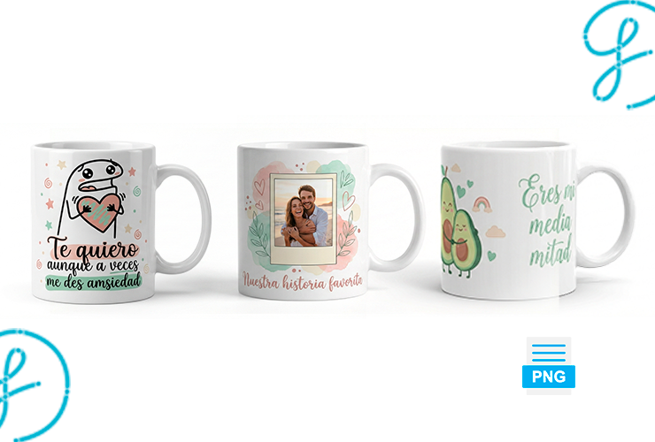 Portada del pack de 20 plantillas para sublimar tazas de Amor y Amistad. Muestra ejemplos de diseños de Flork, Spotify y Aguacates listos para descargar gratis.